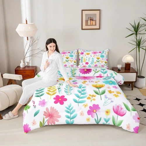 Manfei Juego de Edredón Floral de Acuarela Tamaño Twin, Juego de Ropa de Cama de Flores Botánicas y Hojas 2 piezas, Edredón de Plumón de Flores