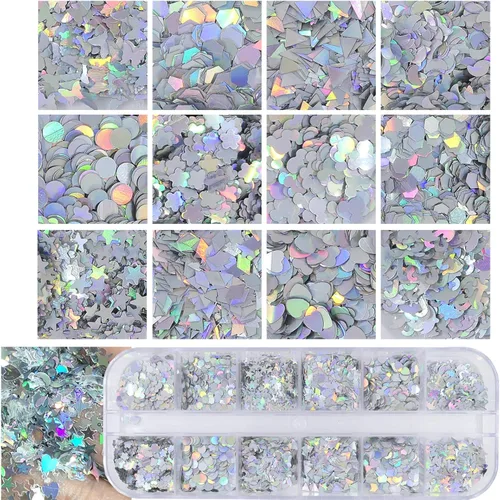 Miniatura 5 de AddFavor 4 cajas holográficas de lentejuelas para uñas, formas mixtas iridiscentes con purpurina para uñas, copos de mariposa, corazones, estrella