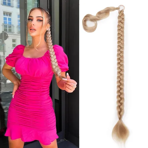 Miniatura 17 de Extensiones de cola de caballo trenzada de 20 pulgadas de largo para mujer, extensiones de cabello lacio envolvente con banda para el cabello, cola
