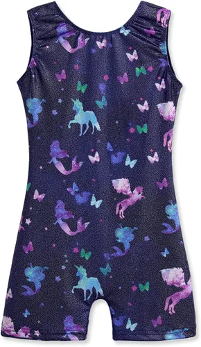 Miniatura 126 de HOZIY - Leotardos de gimnasia con pantalones cortos brillantes para niñas pequeñas; estampados de unicornio, aurora, arco iris, sirena, dinosaurio