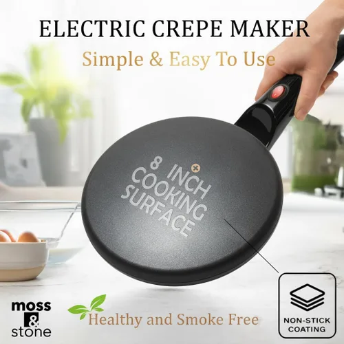 Miniatura 3 de Moss & Stone Máquina Eléctrica para Crepas – Sartén Portátil para Crepas de 8" Antiadherente con Plato de Inmersión, Apagado Automático, Interruptor