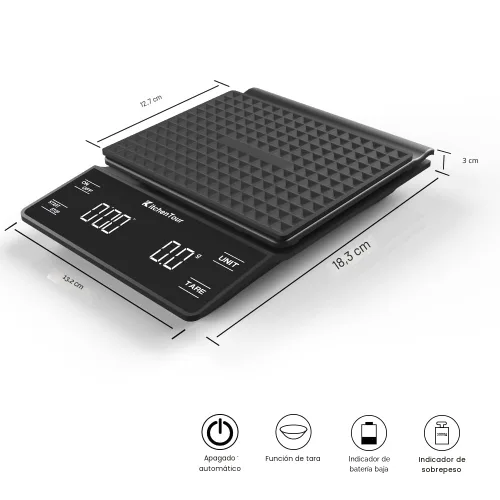 Miniatura 2 de Báscula de café KitchenTour con temporizador 3 kg/0,1 g, báscula de alta precisión para verter sobre goteo Espresso con pantalla LCD retroiluminada