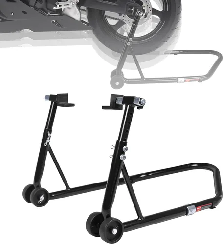 Miniatura 9 de Soporte para rueda delantera y trasera de motocicleta (850 lb), soporte de elevación de brazo oscilante, color negro, U+L