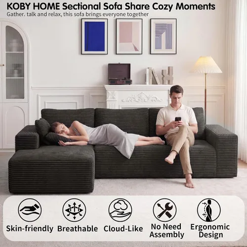 Miniatura 4 de Sofá seccional Cloud de 104 pulgadas con diván en forma de L, moderno sofá modular seccional de pana, sofás sin hueso para sala de estar y Negro