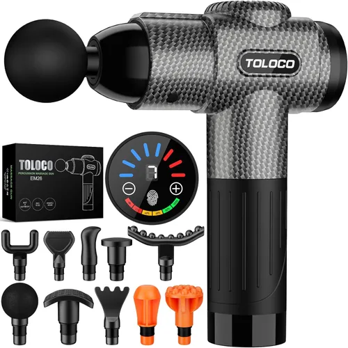 TOLOCO Pistola de masaje, masaje de espalda de tejido profundo para atletas para aliviar el dolor, masajeador de percusión con 10 cabezales de