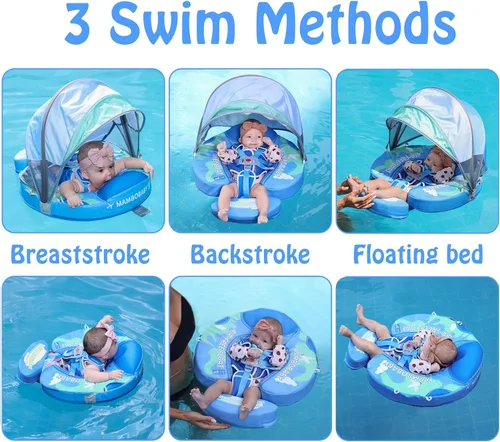 Miniatura 2 de Flotador de bebé con dosel no inflable Mambobaby Flotador de piscina para bebé mejorado con cola para niños pequeños Flotador de seguridad para Azul