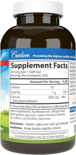 Miniatura 6 de Carlson - Cal-600, 600 mg de calcio, apoyo óseo, dientes sanos y bienestar óptimo, 250 cápsulas blandas