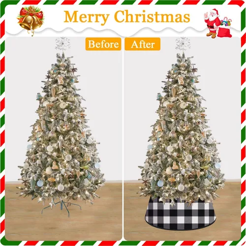 Miniatura 6 de FANPROMS Collar de árbol de Navidad en blanco y negro de 24 pulgadas, diseño de búfalo a cuadros, bordado de terciopelo, falda de árbol, decoración