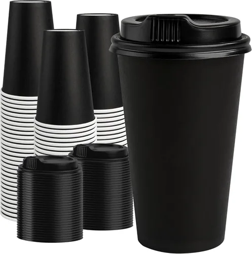 Miniatura 15 de RACETOP Tazas de café de papel de 12 onzas, paquete de 100 tazas de café desechables negras con tapas, tazas de papel caliente con tapas, taza