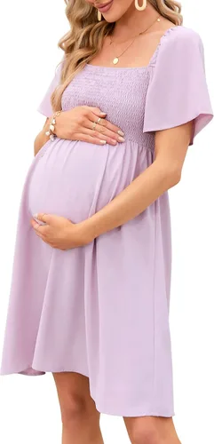KOJOOIN Vestido de maternidad de verano para mujer, lazo en la espalda, cuello cuadrado, manga abombada, hombros descubiertos, vestido de baby shower