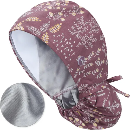 Miniatura 25 de QBA Gorra de trabajo ajustable con botón, gorro forrado de satén, gorro de trabajo de algodón, banda elástica para atar en la espalda, unisex Pt