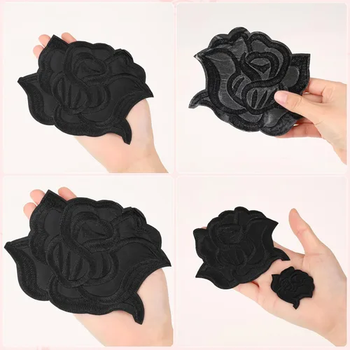 Miniatura 2 de 8 parches de flores de rosas negras para planchar para diseños de ropa, parches de reparación de tela, 4 tamaños bordados, parches de flores