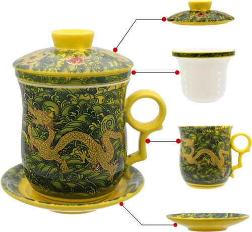 Miniatura 20 de Taza de té de porcelana con tapa de infusor y juegos de platillos – Taza de café de cerámica china Jingdezhen Taza de té de hoja suelta Sistema
