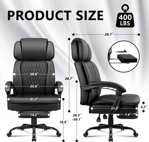 Miniatura 3 de Silla de oficina con reposapiés de 400 libras, silla de oficina de cuero con respaldo alto, silla de oficina ejecutiva ergonómica resistente