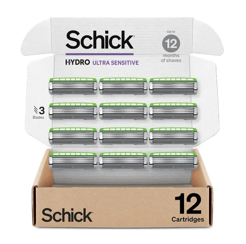 Schick Hydro Ultra Sensitive - Recambios de maquinilla de afeitar, 12 unidades, 3 cuchillas para hombres, 12 recambios