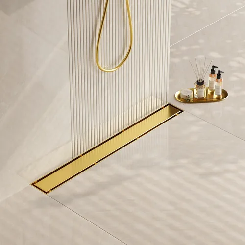 Neodrain Drenaje de ducha lineal de 18 pulgadas dorado, cubierta plana y de inserción de azulejos 2 en 1, desagüe lineal de acero inoxidable,