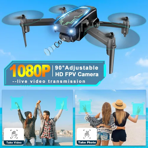 Miniatura 4 de Mini dron con cámara para adultos y niños – Drones con cámara FPV HD 1080P con lente ajustable de 90°, selfie de gestos, inicio de una tecla, giros