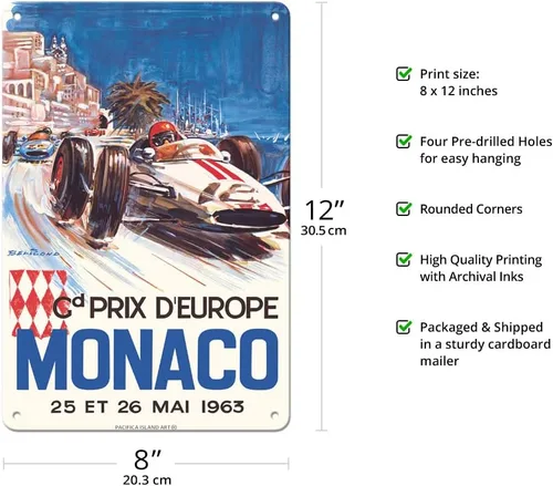 Miniatura 2 de Pacifica Island Art Mónaco Grand Prix Europe (Gd Prix D'Europe) - Póster de carreras de coches vintage por Michel Beligond c.1963 - Cartel de metal