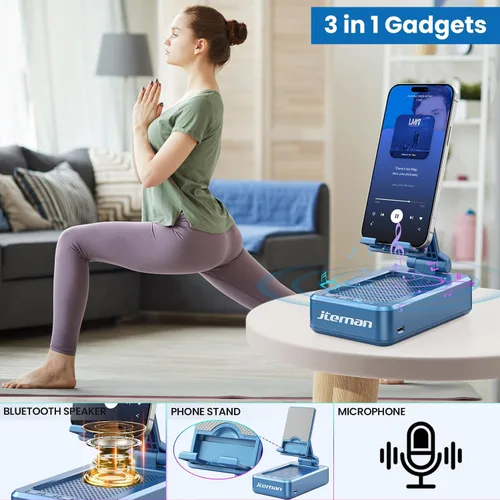 Miniatura 3 de JTEMAN Soporte para teléfono celular con altavoz Bluetooth, sonido estéreo HD y base antideslizante, soporte plegable ajustable para teléfono de Azul