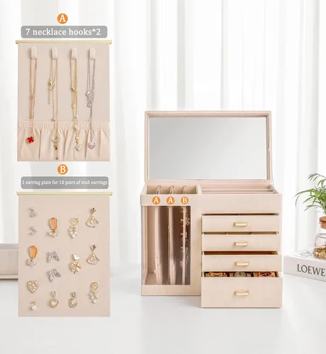 Miniatura 4 de GUKA Joyero organizador con espejo, caja de joyería de 5 capas con 4 cajones para collares, pulseras, reloj, anillos y aretes, almacenamiento grande