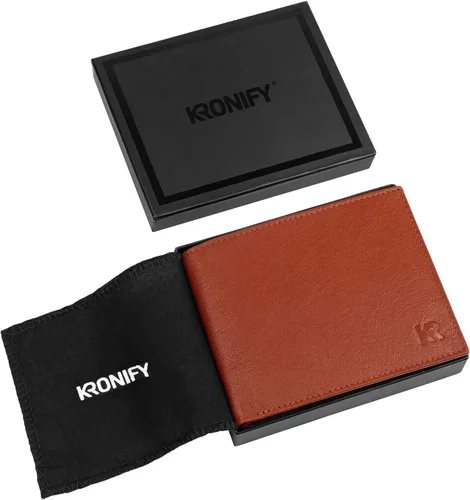 Miniatura 7 de KRONIFY Men's Leather Wallet RFID Blocking Bifold Trifold Wallet Landscape Format Coin Pocket 13 Card Slots Reinforced Seam Gift Box Included