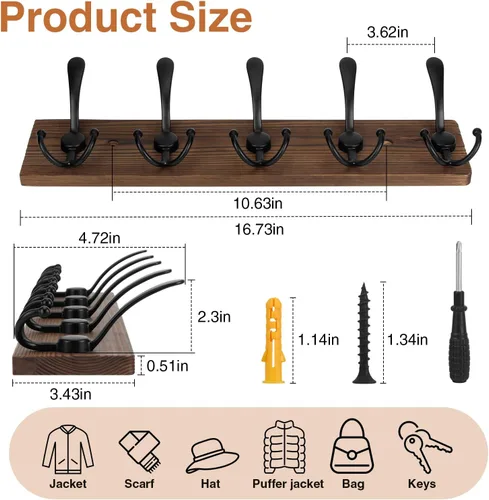 Miniatura 6 de Perchero de madera resistente para pared, paquete de 2 perchas de pared con 5 ganchos triples para ropa, chaqueta, sombrero, llaves, organizador