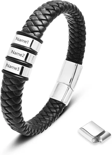 Miniatura 11 de Pulsera personalizada para hombre con cuentas de nombre personalizadas, pulsera de cuero trenzado personalizada grabada con 2-6 nombres