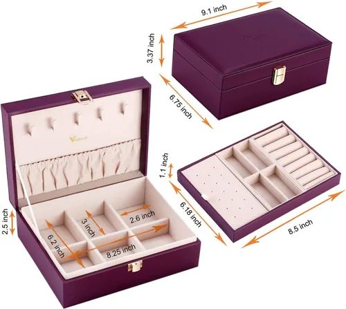 Miniatura 6 de Voova - Joyero organizador para mujeres y niñas, 2 capas de almacenamiento de joyas grandes para hombres, soporte para joyas de piel sintética