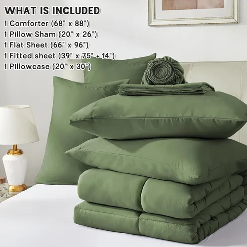 Miniatura 7 de Anluoer Juego de cama en una bolsa de 5 piezas tamaño individual, color verde oliva con sábanas, juegos de ropa de cama para todas las estaciones 05