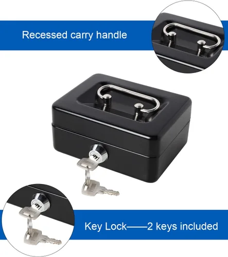 Miniatura 4 de Caja de dinero pequeña con bandeja de dinero y cerradura, caja de dinero de metal para efectivo, caja de seguridad XXS, color negro