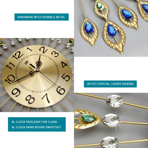 Miniatura 4 de Reloj de pared grande y moderno para decoración de sala de estar, reloj de pared de cristal decorativo de 24 pulgadas estilo pavo real, operado