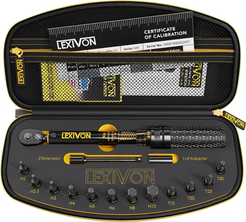 LEXIVON Llave de torque para bicicleta de 1/4 de pulgada, kit de 15 piezas | Engranaje de 72 dientes, clic de doble dirección, tipo 2~26 Nm /