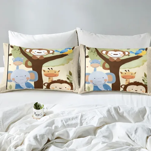 Miniatura 6 de Funda de edredón de animales del zoológico de dibujos animados para niños pequeños, lindo león, mono, elefante, juego de ropa de cama