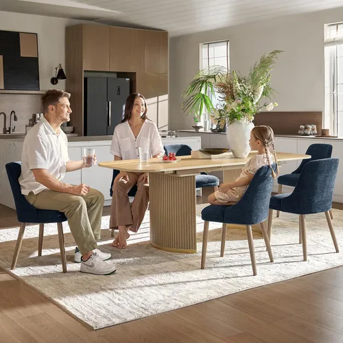 Miniatura 5 de HULALA HOME Juego de 2 sillas de comedor tapizadas de tela azul marino con patas de madera maciza, respaldo acolchado, sillas decorativas modernas