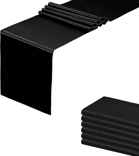 Miniatura 19 de Paquete de 15 caminos de mesa negros, camino de mesa de satén de 12 x 108 pulgadas de largo, camino de mesa de seda y tela suave para bodas