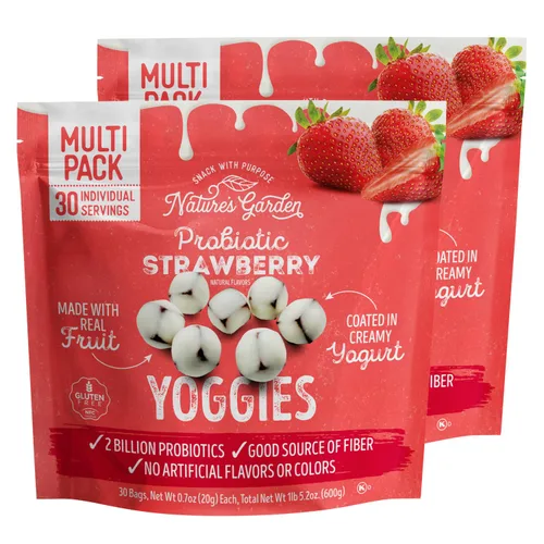 Nature’s Garden Yoggies probióticos con sabor a fresa 21 oz (30 x 0.7 oz) Paquete de 2 - Bocados de fruta cubierta de yogur de fresa, alta en fibra,