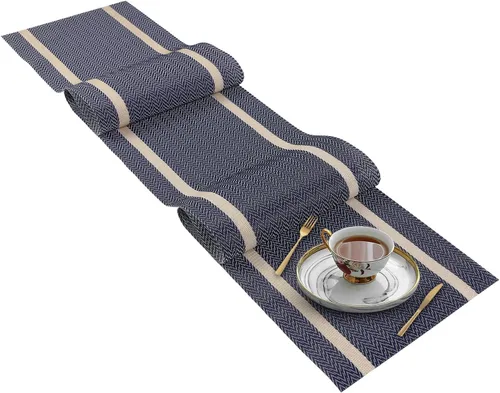 Miniatura 18 de FAVE Camino de mesa de vinilo tejido blanco Camino de mesa tejido con hilos dorados 72x12 pulgadas resistente al calor limpiable Manteles de mesa