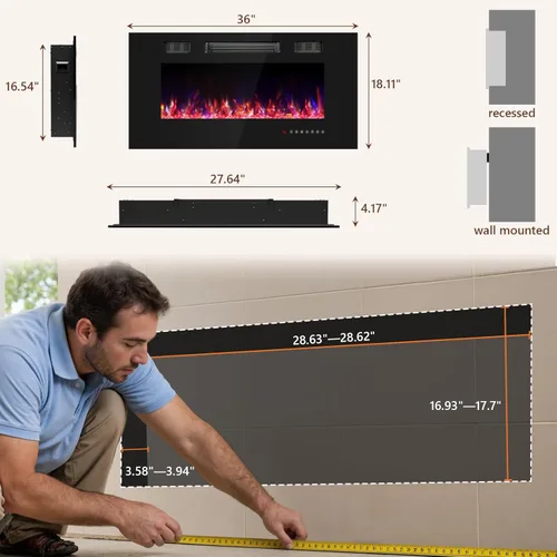 Miniatura 3 de Chimenea eléctrica de 36 pulgadas, chimenea eléctrica montada en la pared con control remoto y temporizador, chimeneas calefactoras de bajo ruido