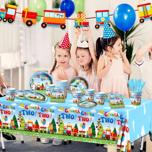 Miniatura 4 de Chuagaa Chugga Two Two 142 Piezas Decoración de Cumpleaños Tren Platos de Papel Juego de Vajilla - Mantel de Transporte Pancarta Tazas para 2do