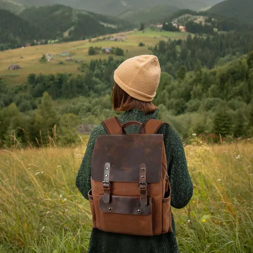 Miniatura 2 de Modoker Mochila de lona encerada, mochila de cuero para hombres y mujeres, mochila vintage de viaje para laptop de 15.6 pulgadas, mochila retro
