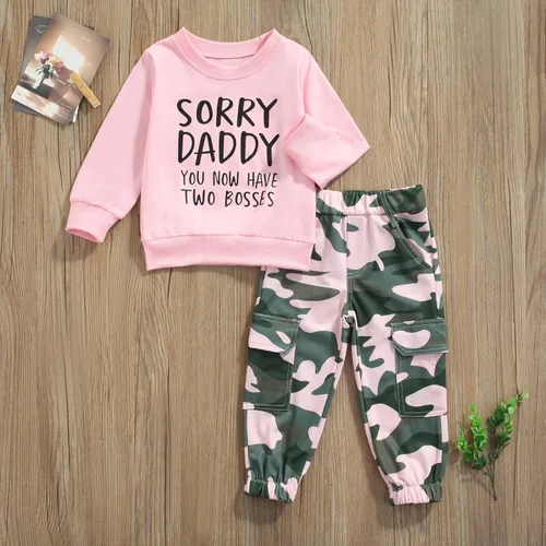 Miniatura 106 de Mandizy Conjunto de ropa de otoño para bebé niña pequeña, sudadera de manga larga con estampado de letras bendecidas, pantalones de camuflaje