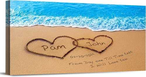 Miniatura 13 de Corazón y corazón en hermoso amanecer fotos personalizadas únicas o impresiones en lienzo con nombres de pareja y fecha especial en la playa, regalo