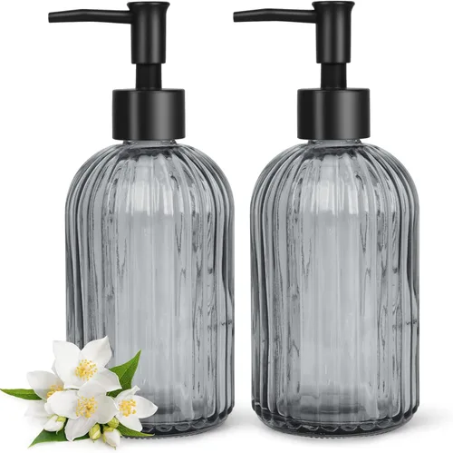Miniatura 14 de Topsky Paquete de 2 dispensadores de jabón de vidrio con bomba de plástico negro, dispensador de jabón líquido de manos de 11.2 fl oz, bomba a