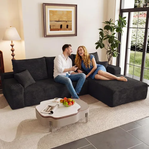 Miniatura 30 de Sofá seccional modular de 96", sofá en forma de L tipo nube sin estructura con chaise lounge, tapizado de pana con asiento profundo de espuma Negro