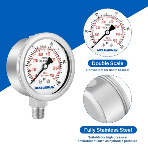 Miniatura 4 de MEASUREMAN Manómetro de presión 1/4 NPT, 0-100psi/kPa Totalmente de acero inoxidable Manómetro de presión hidráulico relleno de glicerina