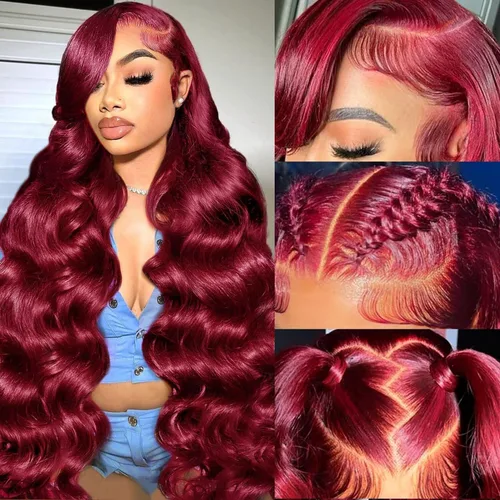 Miniatura 22 de Smabuity Pelucas de cabello humano con encaje frontal color borgoña 99J, peluca de cabello humano rojo burdeos, pelucas de encaje frontal HD de 13 x