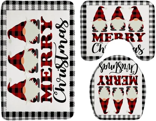 Miniatura 12 de GCTNBJL Juego de 3 alfombrillas de baño para árbol de Navidad, diseño de copo de nieve, rojo, gris, dibujos animados, invierno, vacaciones, baño