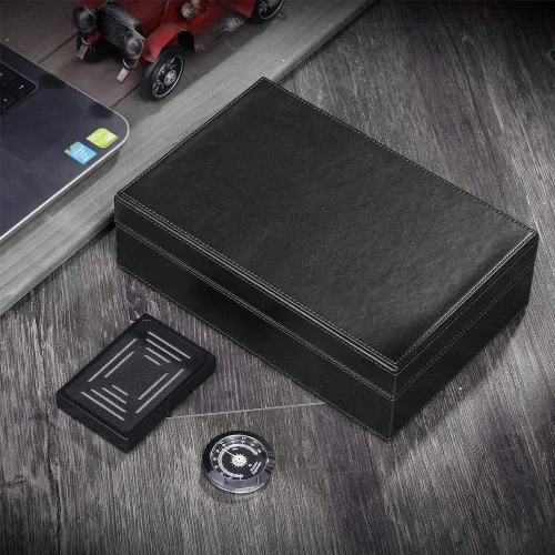 Miniatura 6 de Humidor de puros, superficie de cuero hecho a mano, con revestimiento de madera de cedro español sólido real, caja de escritorio con higrómetro