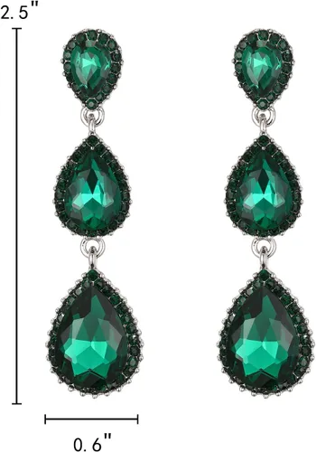 Miniatura 20 de EleQueen Pendientes de cristal austriaco en tono dorado para mujer, forma de pera de 2.5 pulgadas, color esmeralda