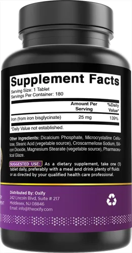 Miniatura 5 de Oxify Hierro 25 mg 180 comprimidos Sin gluten, sin OMG Suplemento fabricado en Estados Unidos